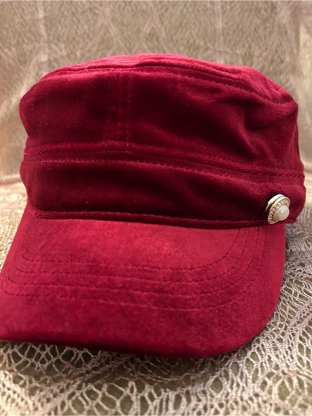 Bright Burgundy Velvet Cadet Cap with Magnolia and Vine Pearl 18mm Snap